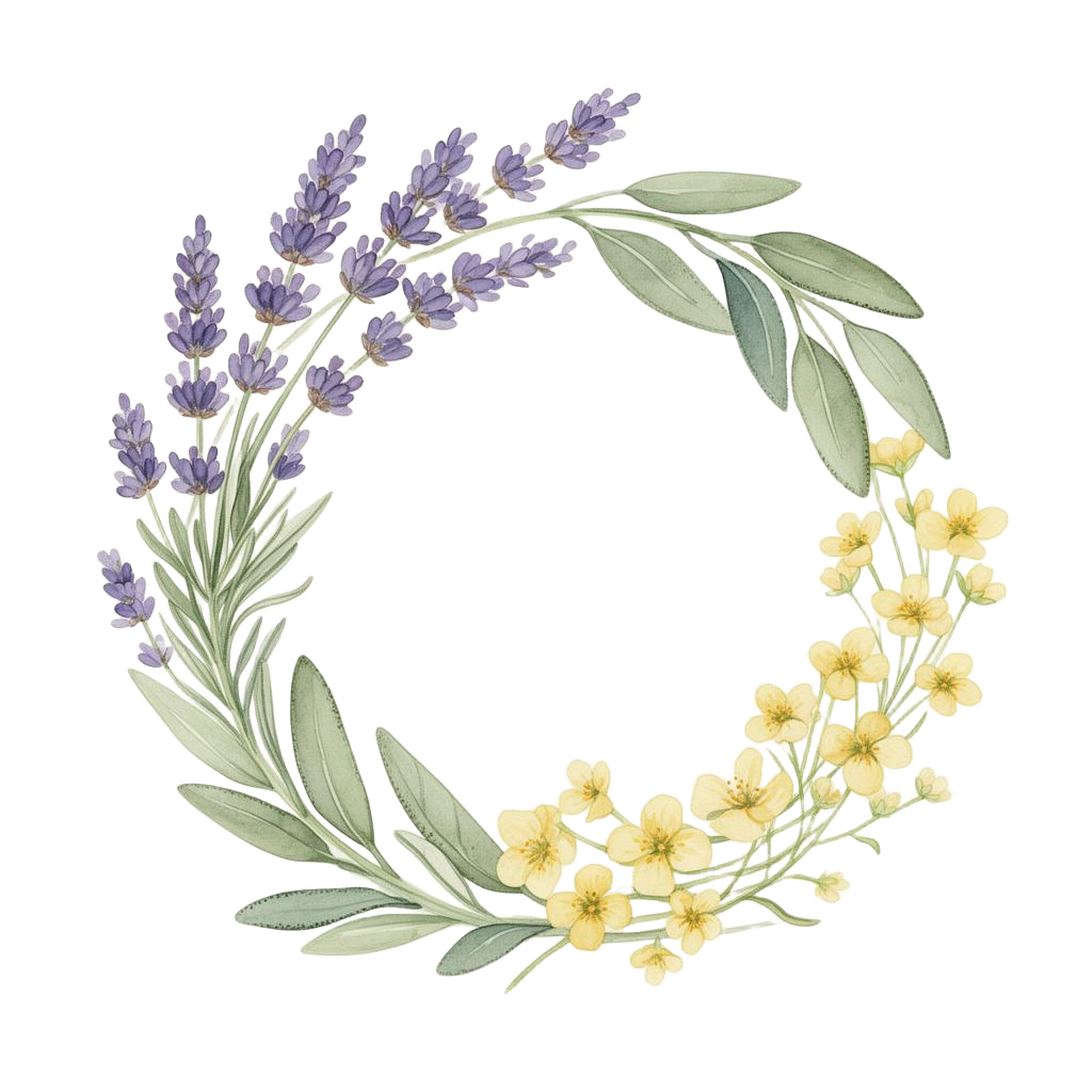 Botanical wreath of lavender, sage and butter wildflowers